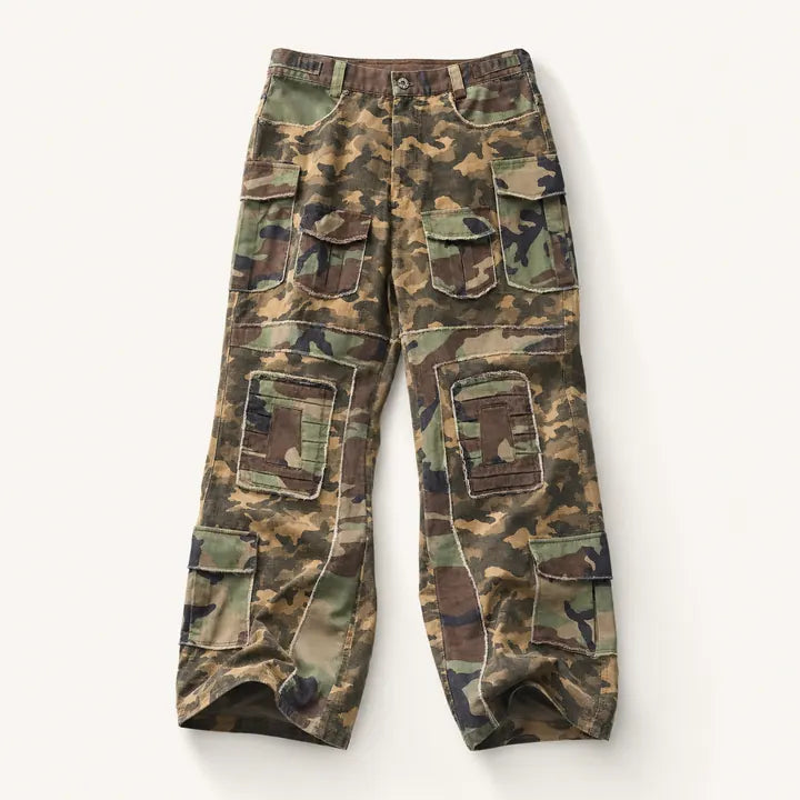 Mingstreet ASC launch still-life | BLINDNOPLAN | Paneled Camo Flared Cargo Pants | Green | ready_now_existing_asset