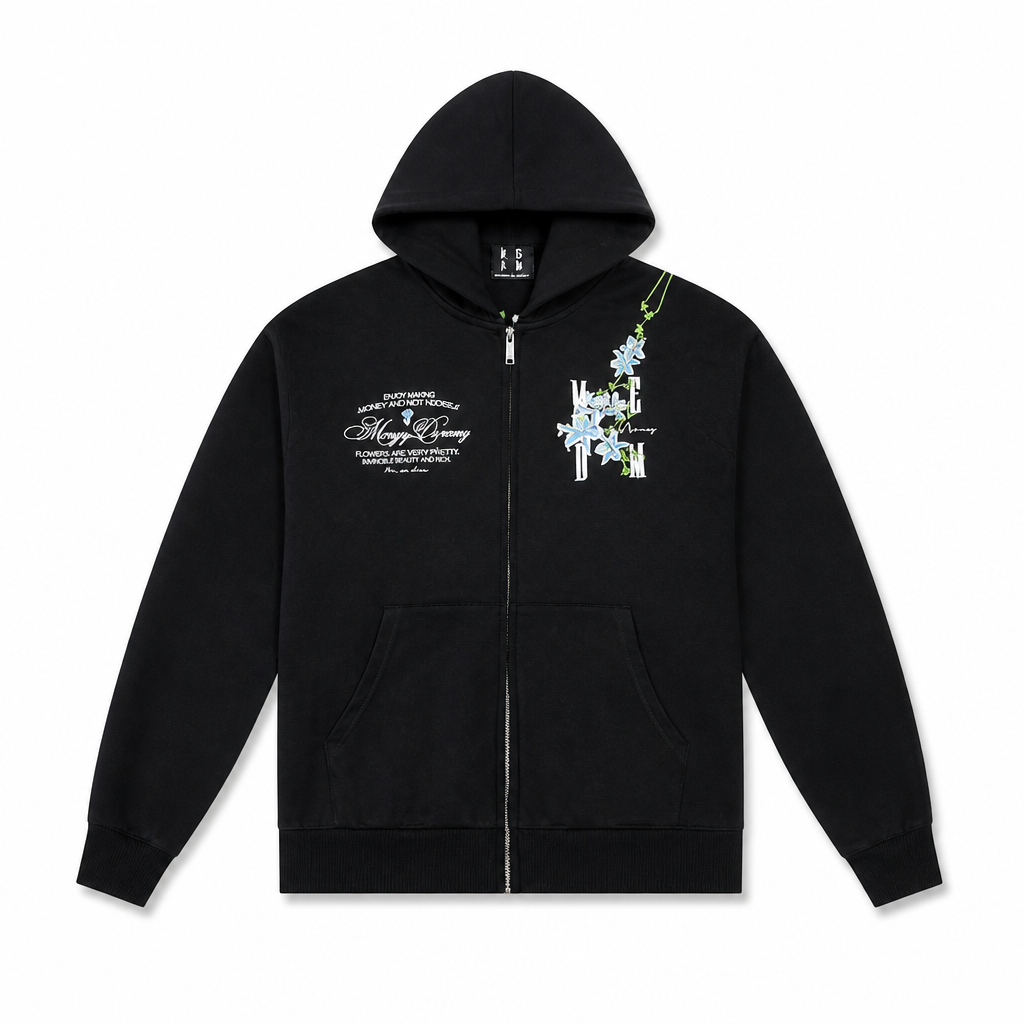Mingstreet ASC launch still-life | MEDM | Floral Embroidered Zip Up Hoodie | Black | generated_extra_ready_product_colorway