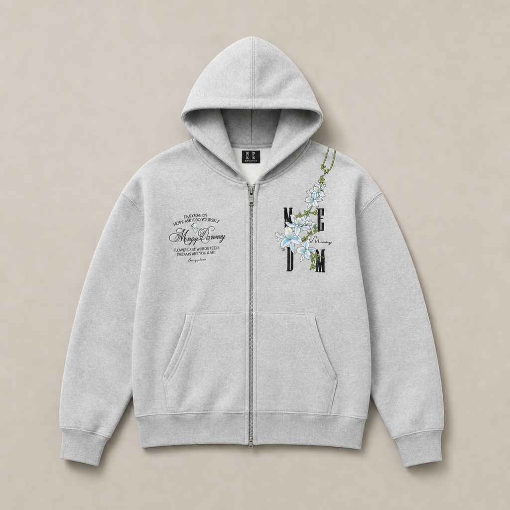 Mingstreet ASC launch still-life | MEDM | Floral Embroidered Zip Up Hoodie | Gray | ready_now_uncrumpled_replacement