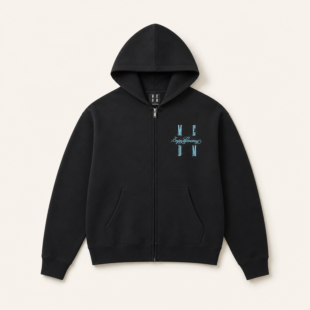 Mingstreet ASC launch still-life | MEDM | Embroidered Cotton Blend Zip Up Hoodie | Black | ready_now_uncrumpled_replacement