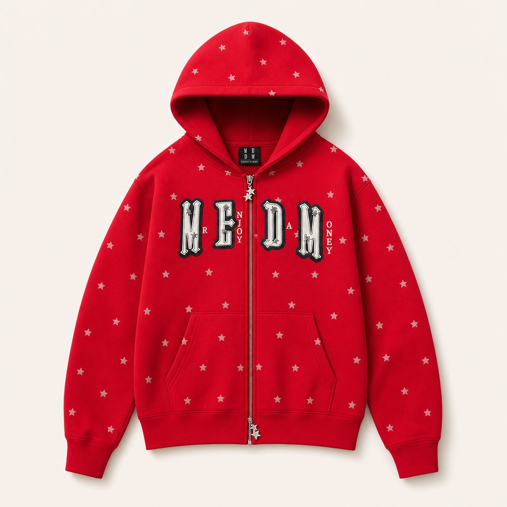 Mingstreet ASC launch still-life | MEDM | Fleece Lined Star Print Zip Hoodie | Red | ready_now_uncrumpled_replacement