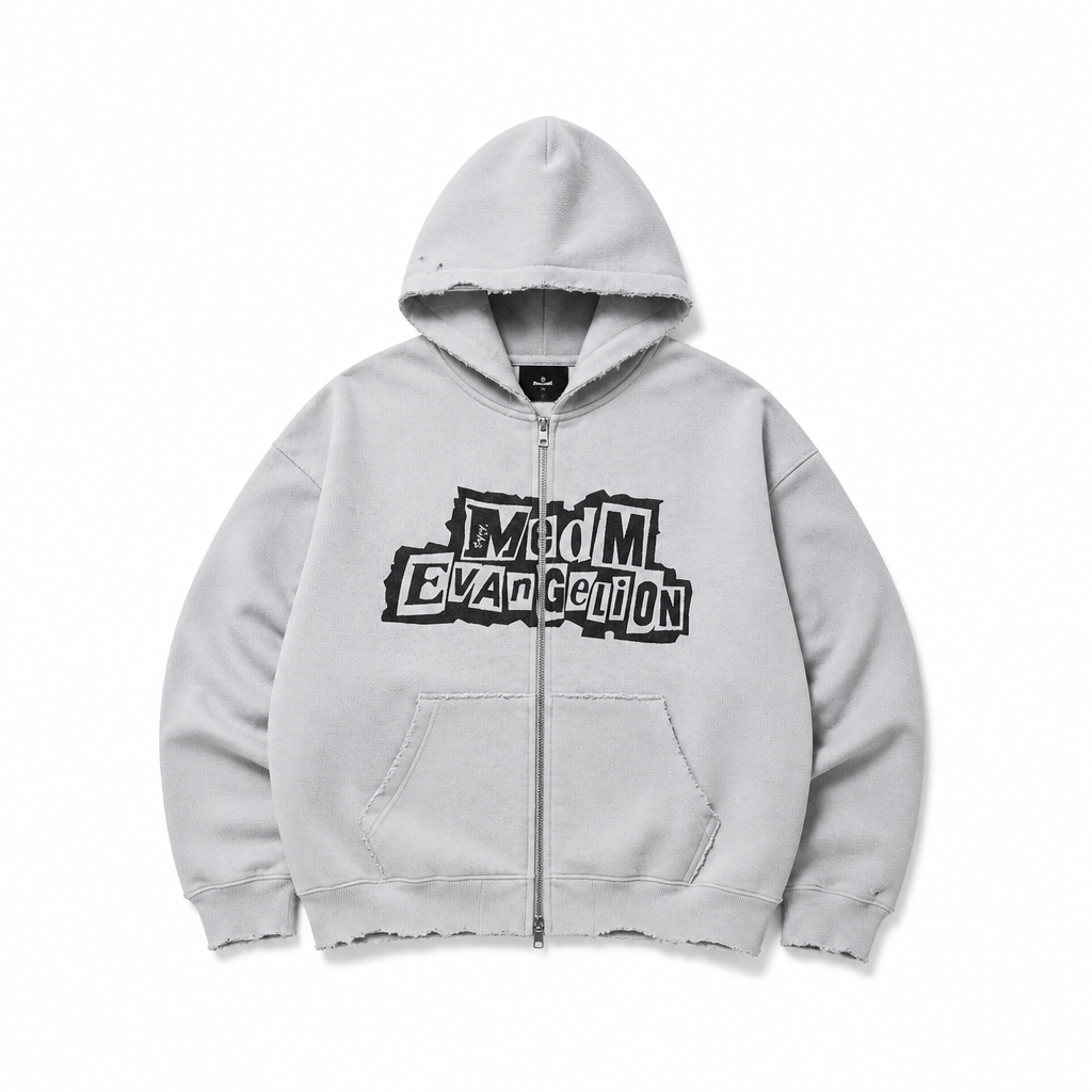 Mingstreet ASC launch still-life | MEDM | Evangelion Distressed Zip Up Hoodie | Gray | generated_extra_ready_product_colorway