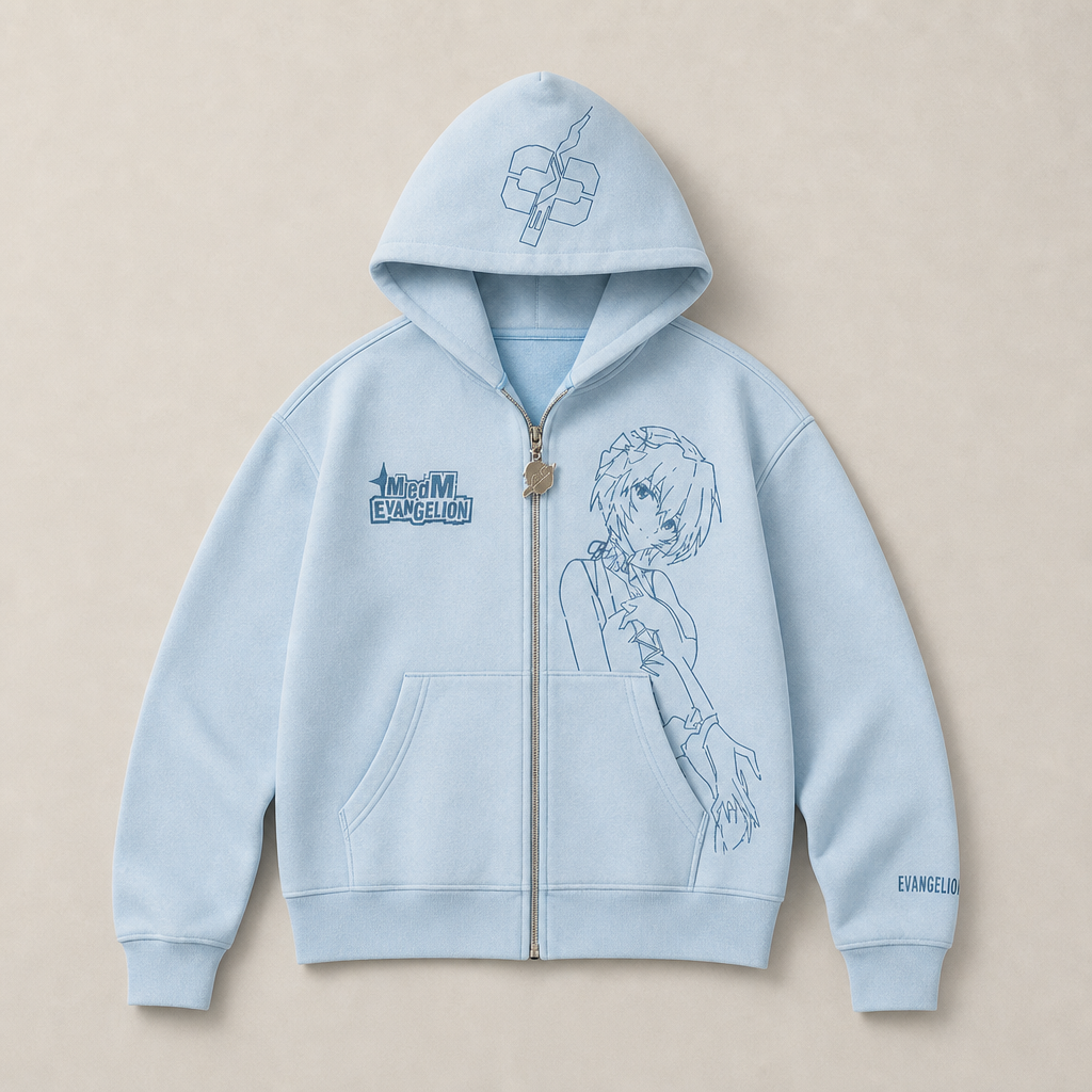 Mingstreet ASC launch still-life | MEDM | Evangelion Distressed Zip Up Hoodie | Sky Blue | ready_now_uncrumpled_replacement
