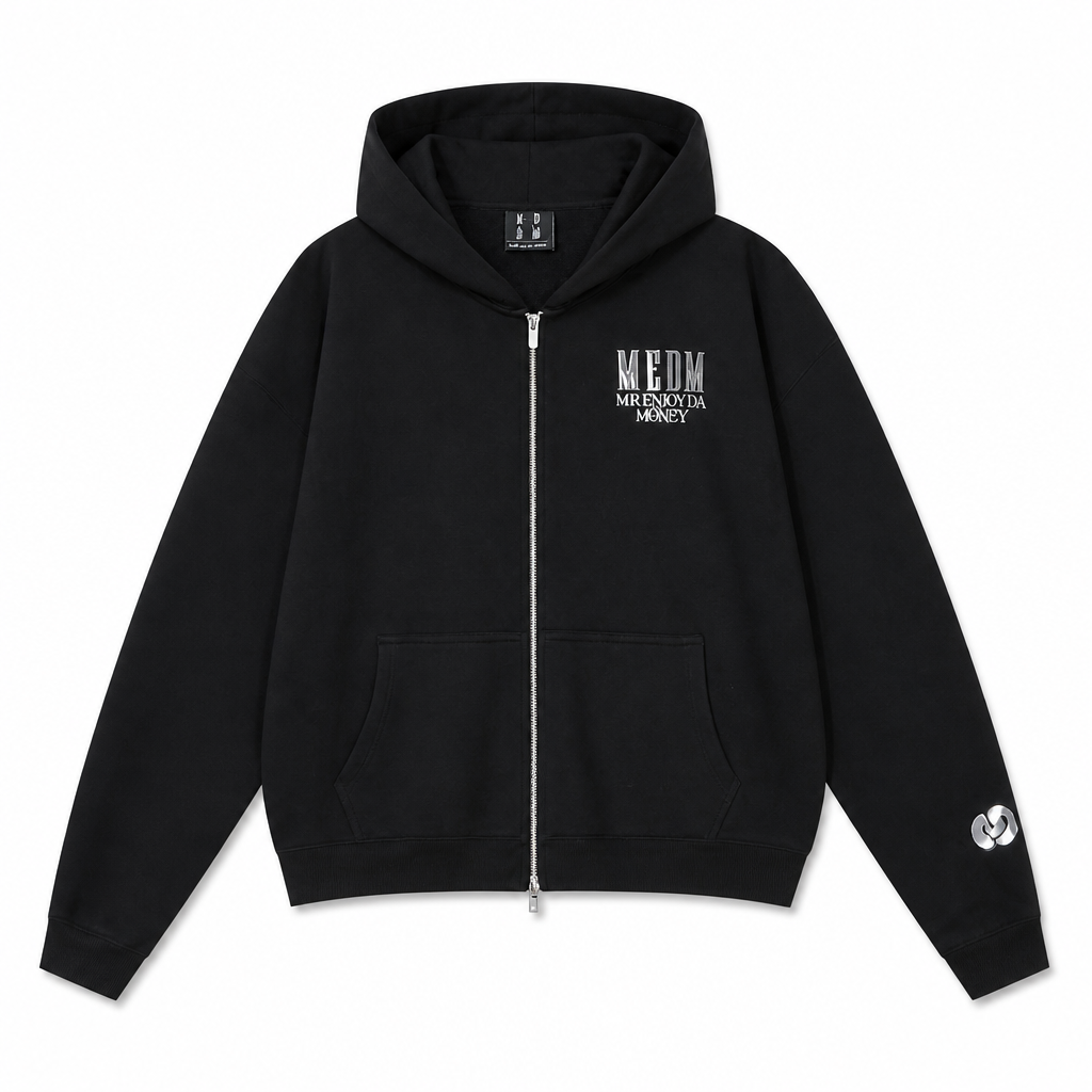 Mingstreet ASC launch still-life | MEDM | 3D Logo Two Way Zip Cotton Hoodie | Black | generated_extra_ready_product_colorway