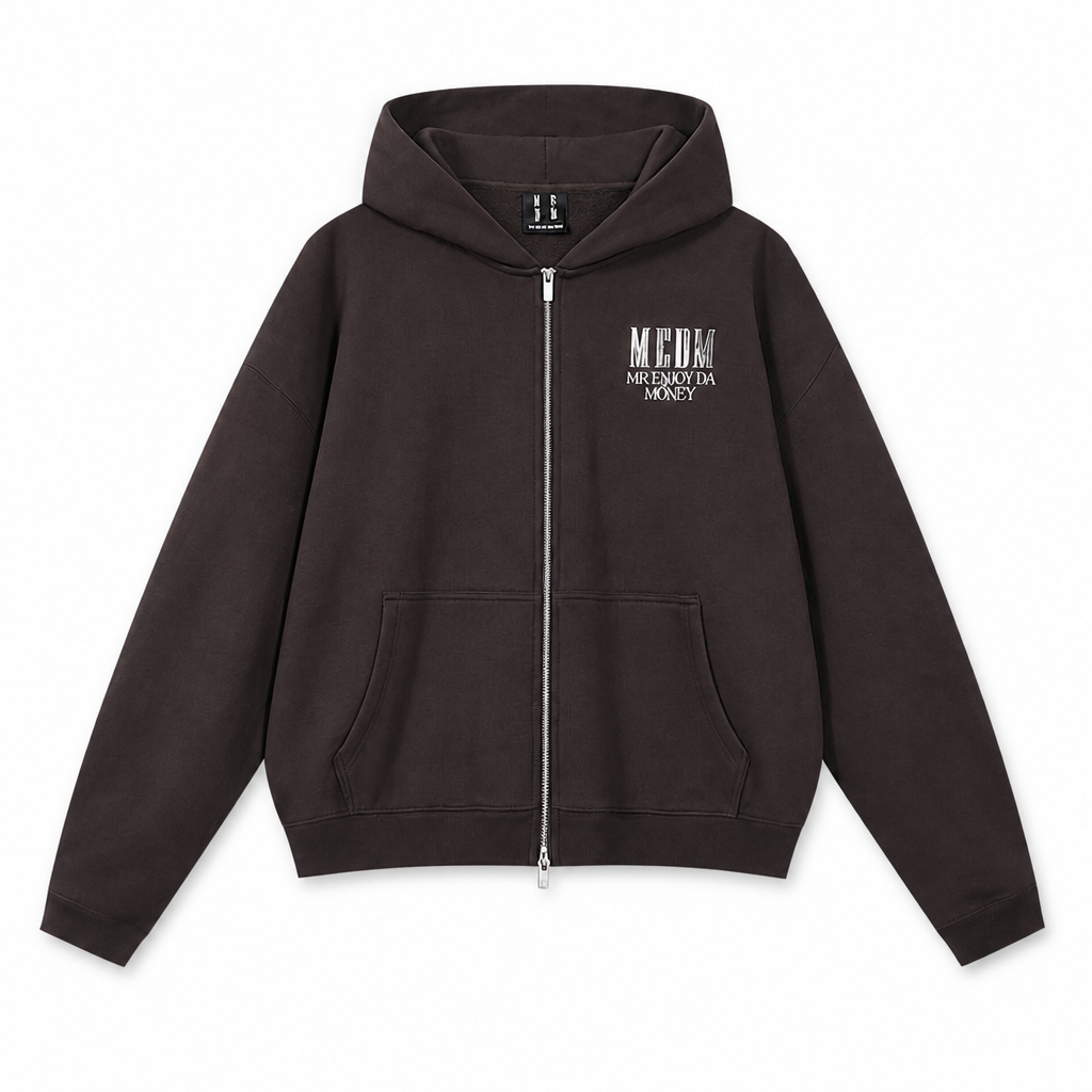 Mingstreet ASC launch still-life | MEDM | 3D Logo Two Way Zip Cotton Hoodie | Brown | generated_extra_ready_product_colorway