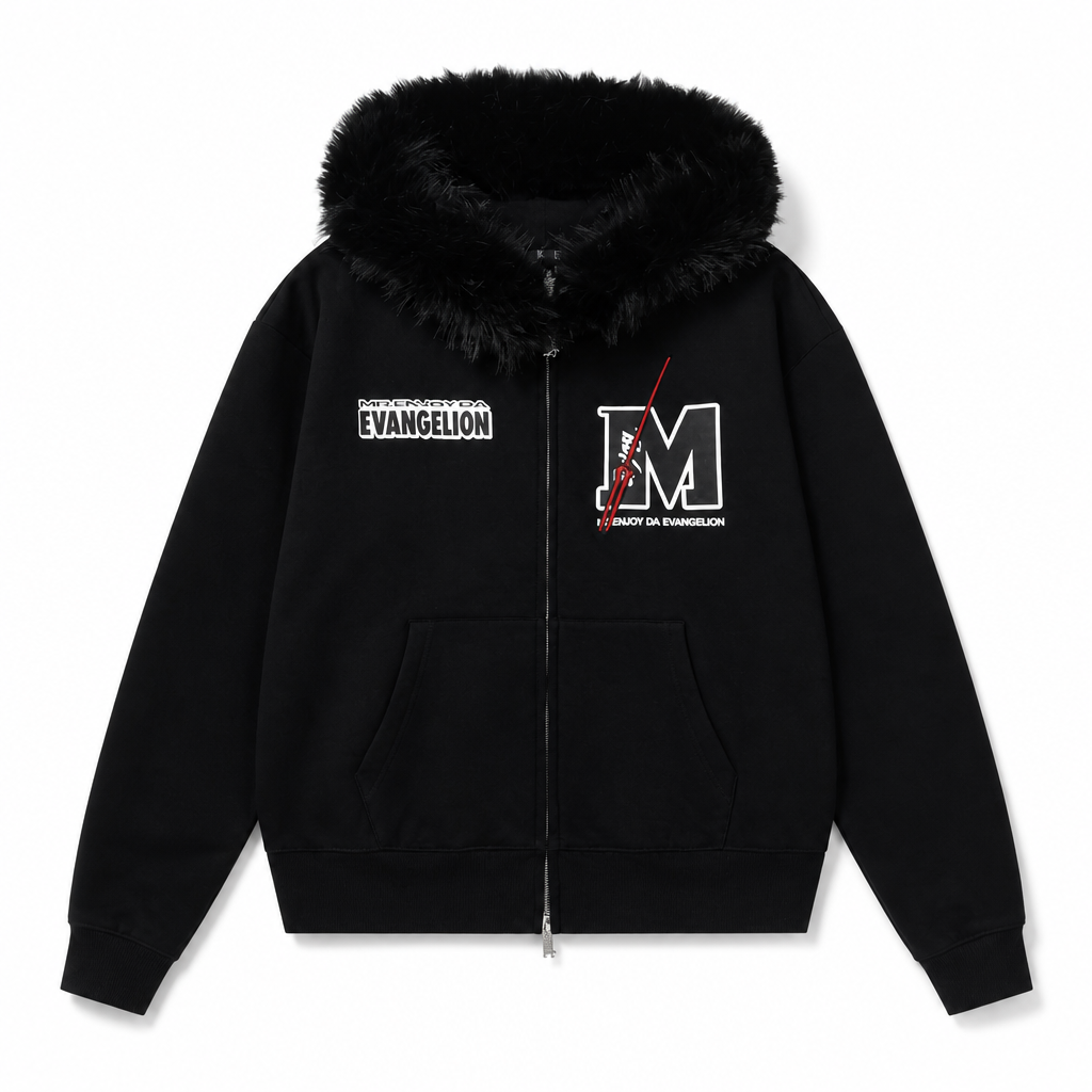 Mingstreet ASC launch still-life | MEDM | Faux Fur Trimmed Graphic Zip Hoodie | Black | generated_extra_ready_product_colorway