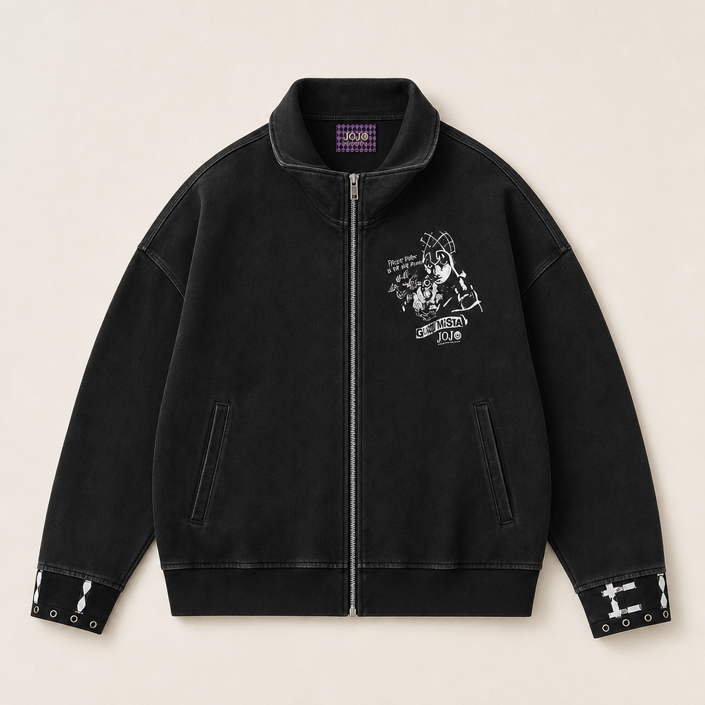 Mingstreet ASC launch still-life | MEDM | Guido Mista Graphic Zip Up Hoodie | Black | ready_now_uncrumpled_replacement