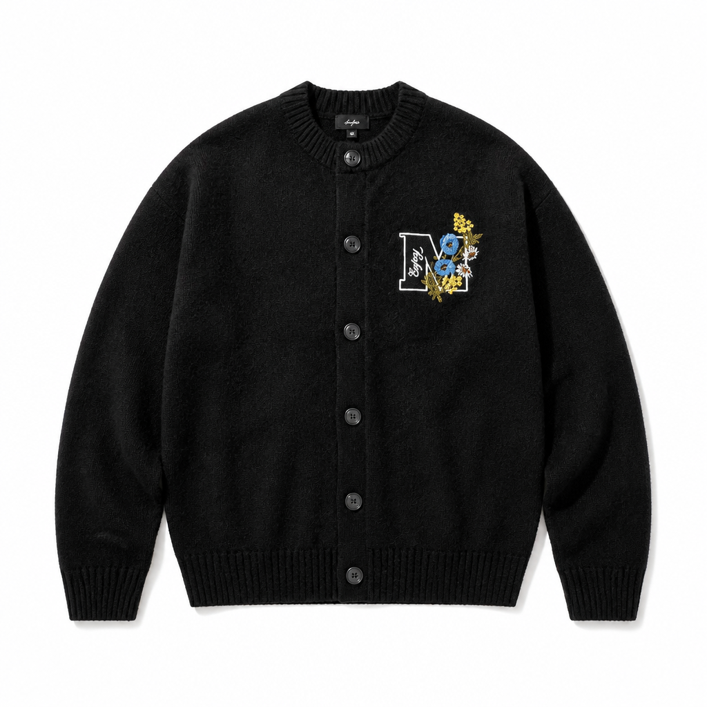Mingstreet ASC launch still-life | MEDM | Floral Embroidered Knit Cardigan | Black | generated_extra_ready_product_colorway