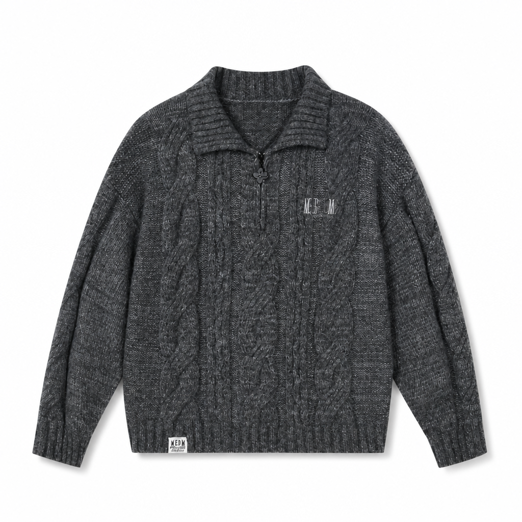 Mingstreet ASC launch still-life | MEDM | Cable Knit Quarter Zip Sweater | Gray | generated_extra_ready_product_colorway