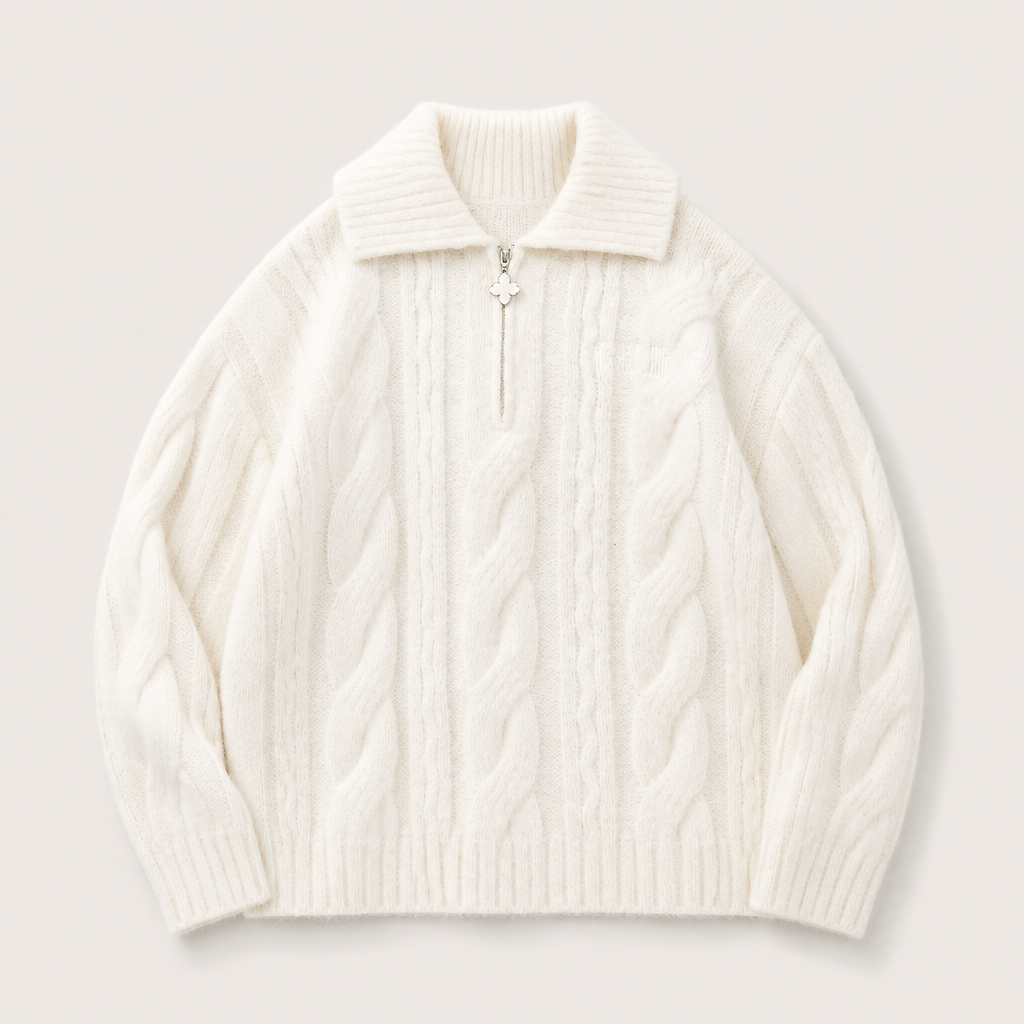 Mingstreet ASC launch still-life | MEDM | Cable Knit Quarter Zip Sweater | White | generated_extra_ready_product_colorway