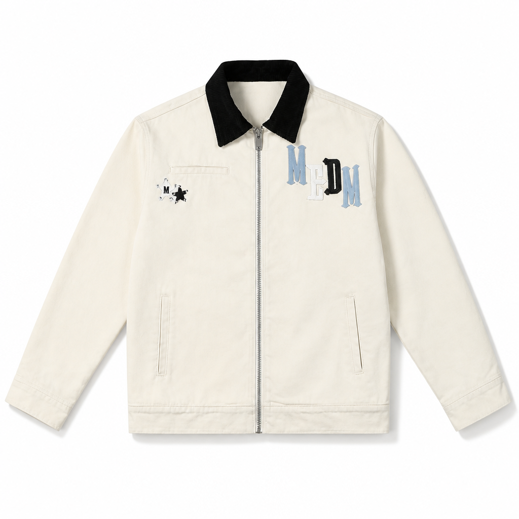 Mingstreet ASC launch still-life | MEDM | Leather Paneled Cotton Detroit Jacket | Cream | generated_extra_ready_product_colorway