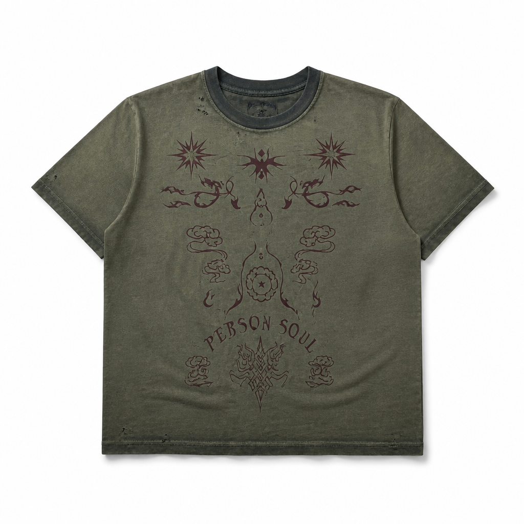 Mingstreet ASC launch still-life | PERSONSOUL | Distressed Totem Print T Shirt | Olive | generated_extra_ready_product_colorway