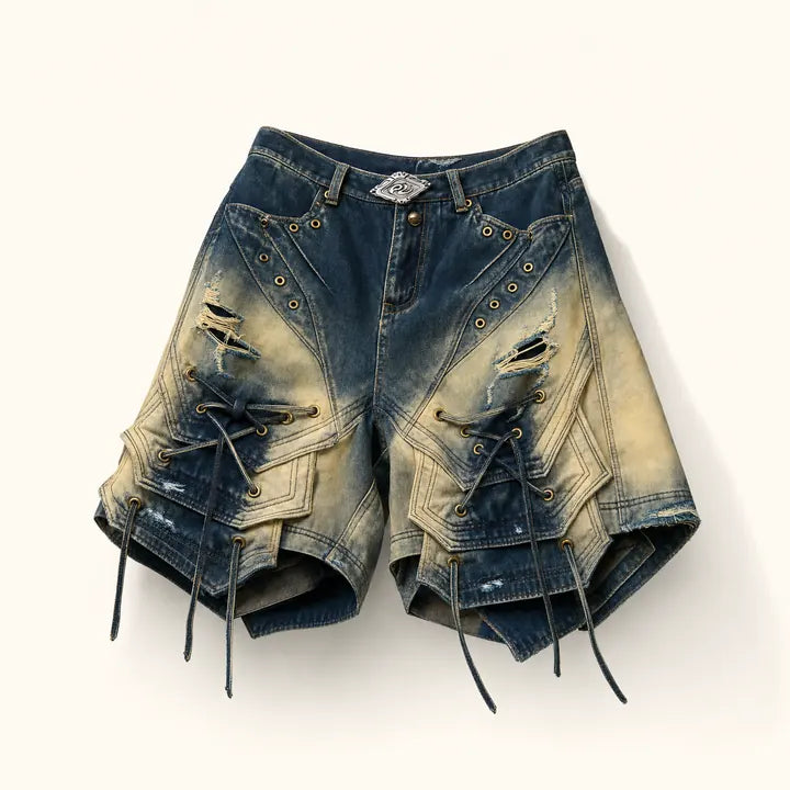 Mingstreet ASC launch still-life | PERSONSOUL | Distressed Lace Up Denim Shorts | Blue | ready_now_existing_asset