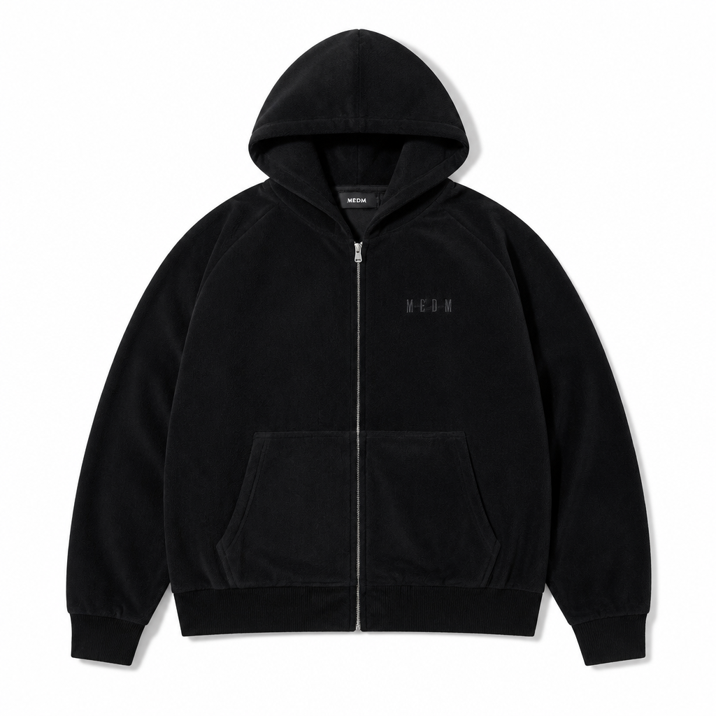Mingstreet ASC launch still-life | MEDM | Polar Fleece Zip Up Hoodie | Black | generated_extra_ready_product_colorway