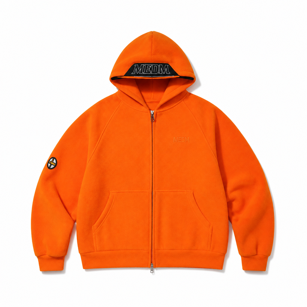 Mingstreet ASC launch still-life | MEDM | Polar Fleece Zip Up Hoodie | Orange | generated_extra_ready_product_colorway