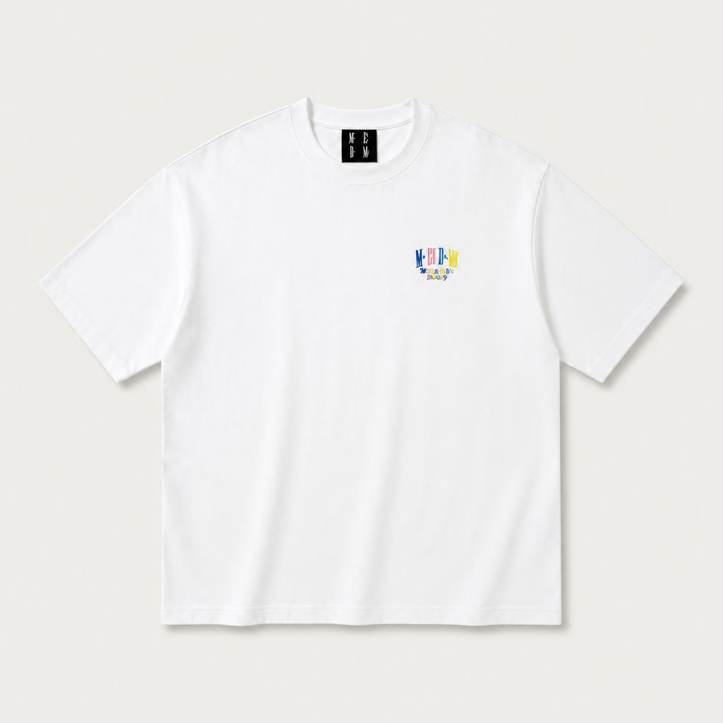 Mingstreet ASC launch still-life | MEDM | Letter Embroidery Cotton T Shirt | White | generated_extra_ready_product_colorway