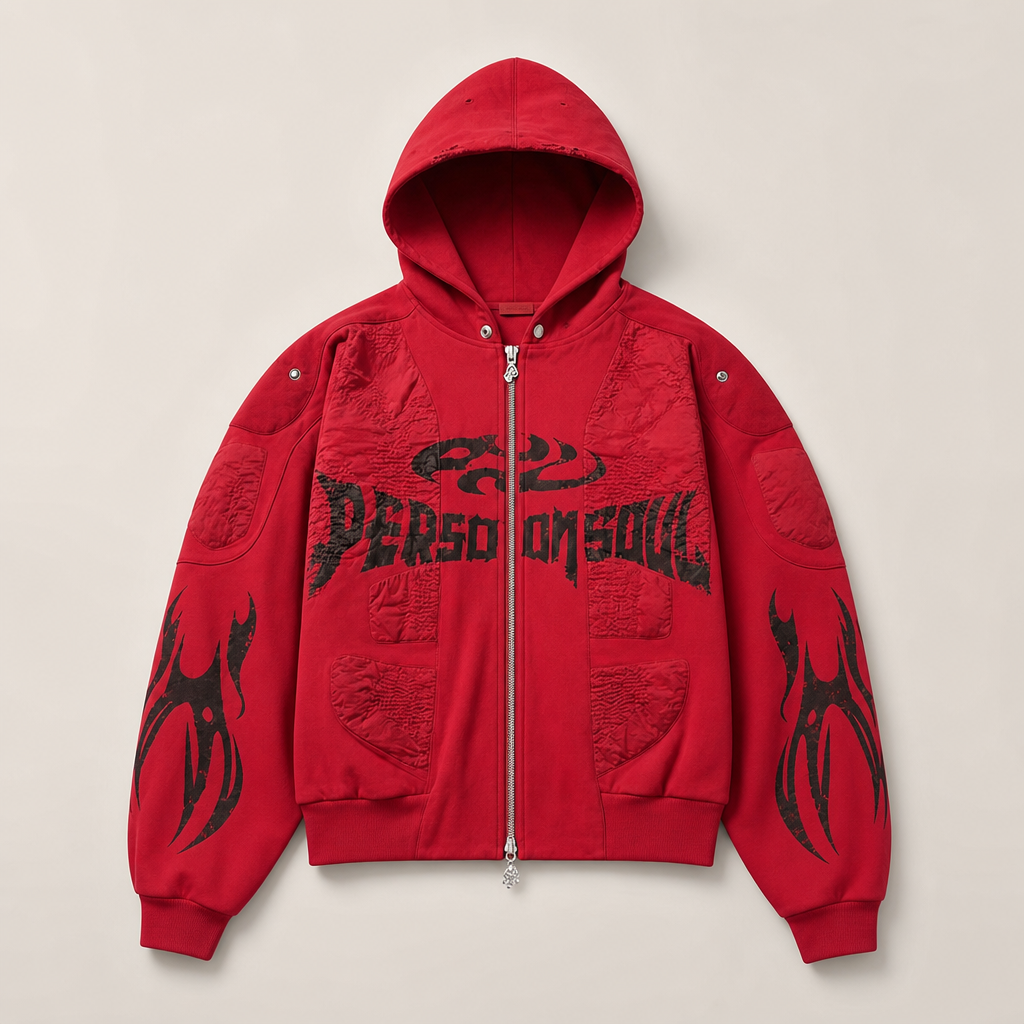 Mingstreet ASC launch still-life | PERSONSOUL | Armor Panel Zip Hoodie | Red | ready_now_uncrumpled_replacement