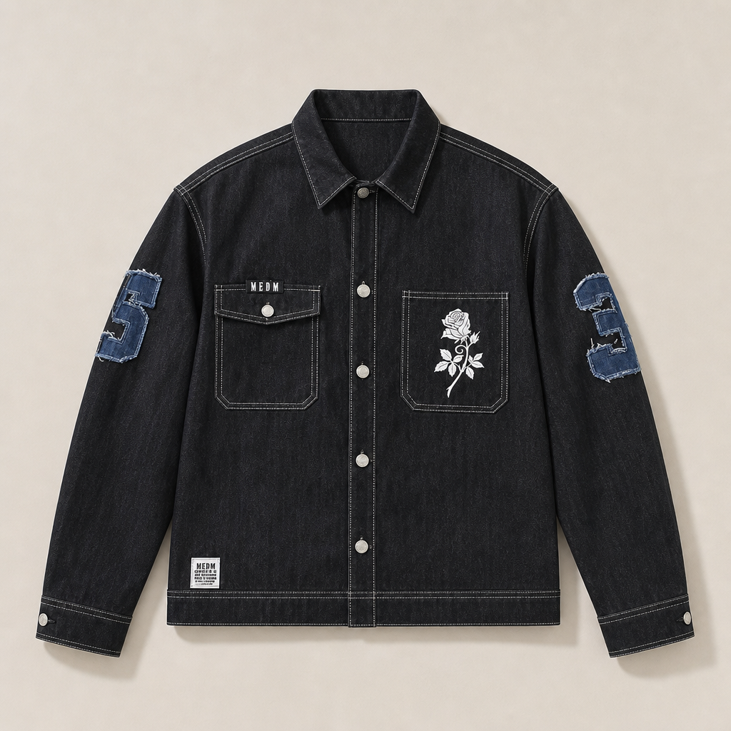Mingstreet ASC launch still-life | MEDM | Lyocell Blend Logo Patch Denim Jacket | Denim | ready_now_uncrumpled_replacement