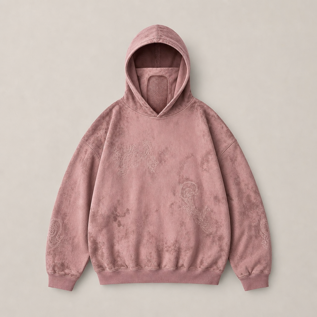 Mingstreet ASC launch still-life | PERSONSOUL | Embroidered Distressed Mask Hoodie | Pink | ready_now_uncrumpled_replacement