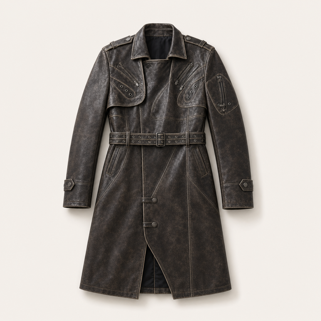 Mingstreet ASC launch still-life | PERSONSOUL | Distressed Calfskin Leather Trench Coat | Black | ready_now_uncrumpled_replacement