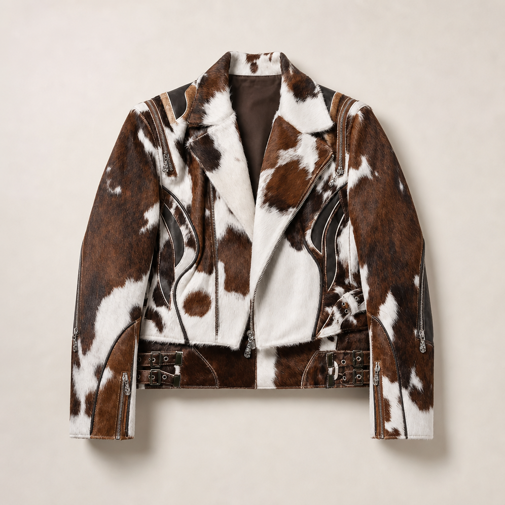 Mingstreet ASC launch still-life | PERSONSOUL | Cow Print Hair On Leather Biker Jacket | Brown | ready_now_uncrumpled_replacement