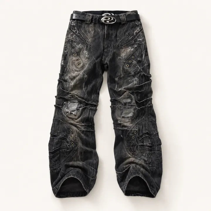 Mingstreet ASC launch still-life | PERSONSOUL | Distressed Snake Wash Panelled Jeans | Black | ready_now_existing_asset
