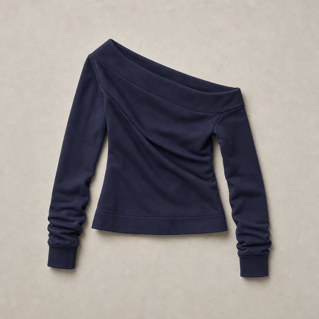 Mingstreet ASC launch still-life | RARELY ALIKE | Asymmetric Off Shoulder Sweatshirt | Navy Blue | generated_missing_still_life_expansion