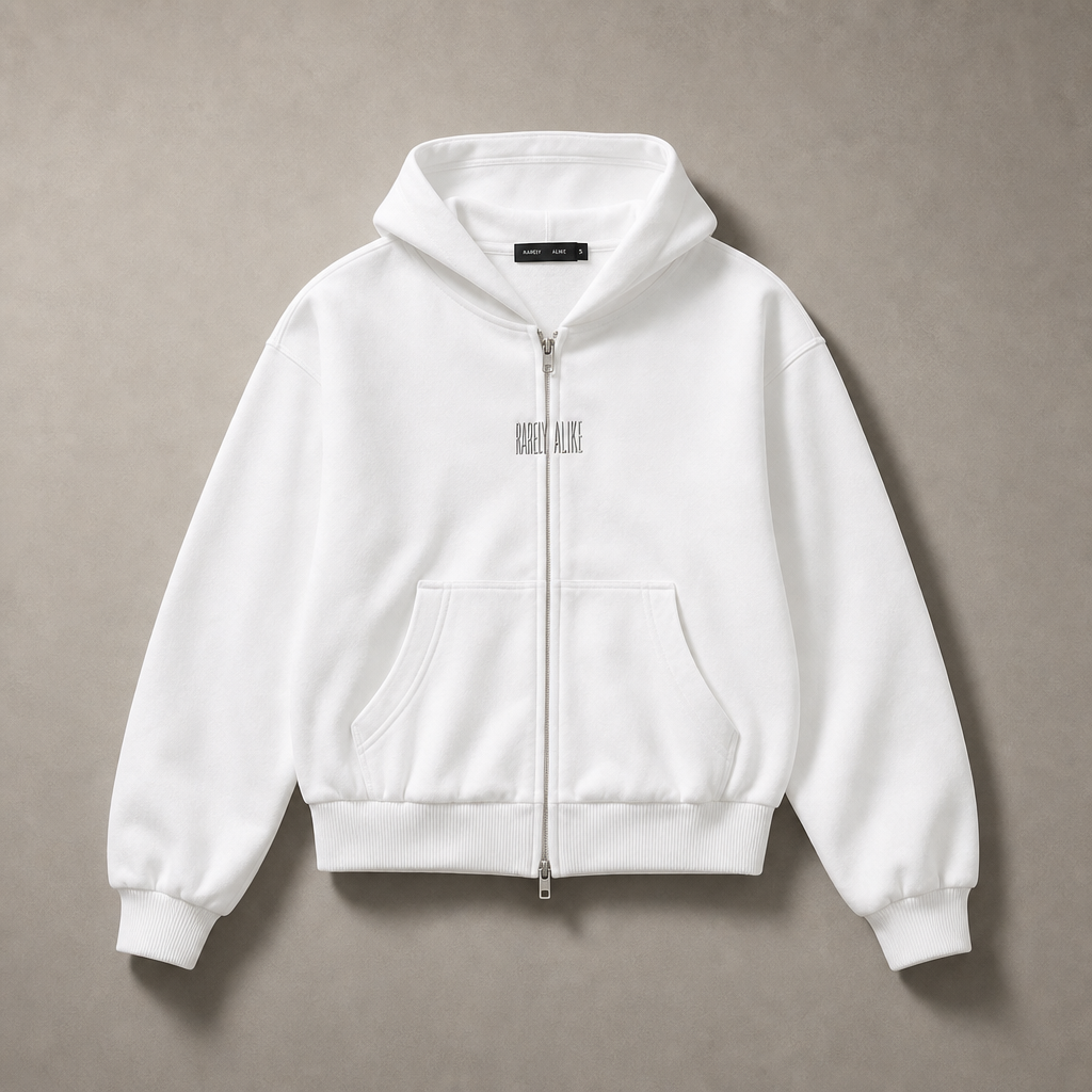 Mingstreet ASC launch still-life | RARELY ALIKE | Cinched Waist Logo Zip Up Hoodie | White | generated_missing_still_life_expansion