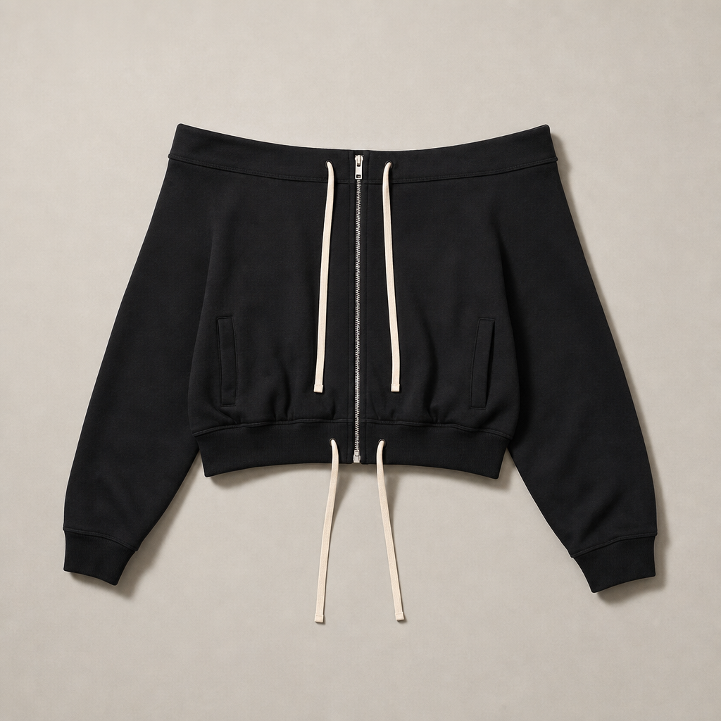 Mingstreet ASC launch still-life | RARELY ALIKE | Off Shoulder Zip Up Sweatshirt | Black | generated_missing_still_life_expansion