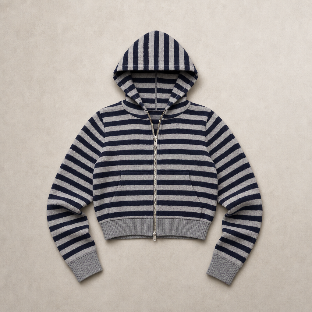 Mingstreet ASC launch still-life | RARELY ALIKE | Cropped Striped Zip Up Hoodie | Navy | generated_missing_still_life_expansion