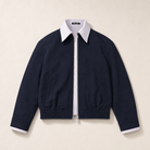 Mingstreet ASC launch still-life | RARELY ALIKE | Mock Layer Striped Cropped Jacket | Navy Blue | generated_missing_still_life_expansion
