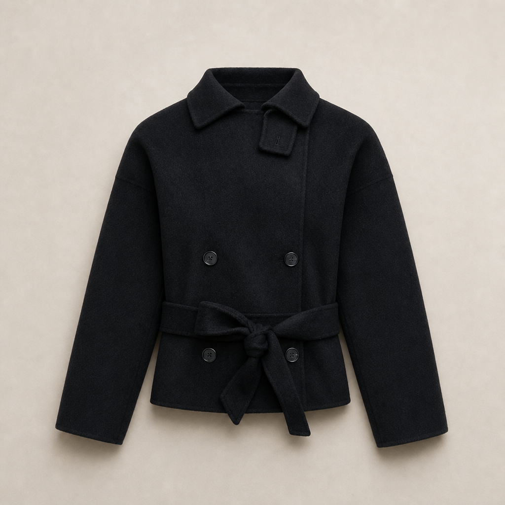 Mingstreet ASC launch still-life | RARELY ALIKE | Belted Double Breasted Short Wool Coat | Black | generated_missing_still_life_expansion