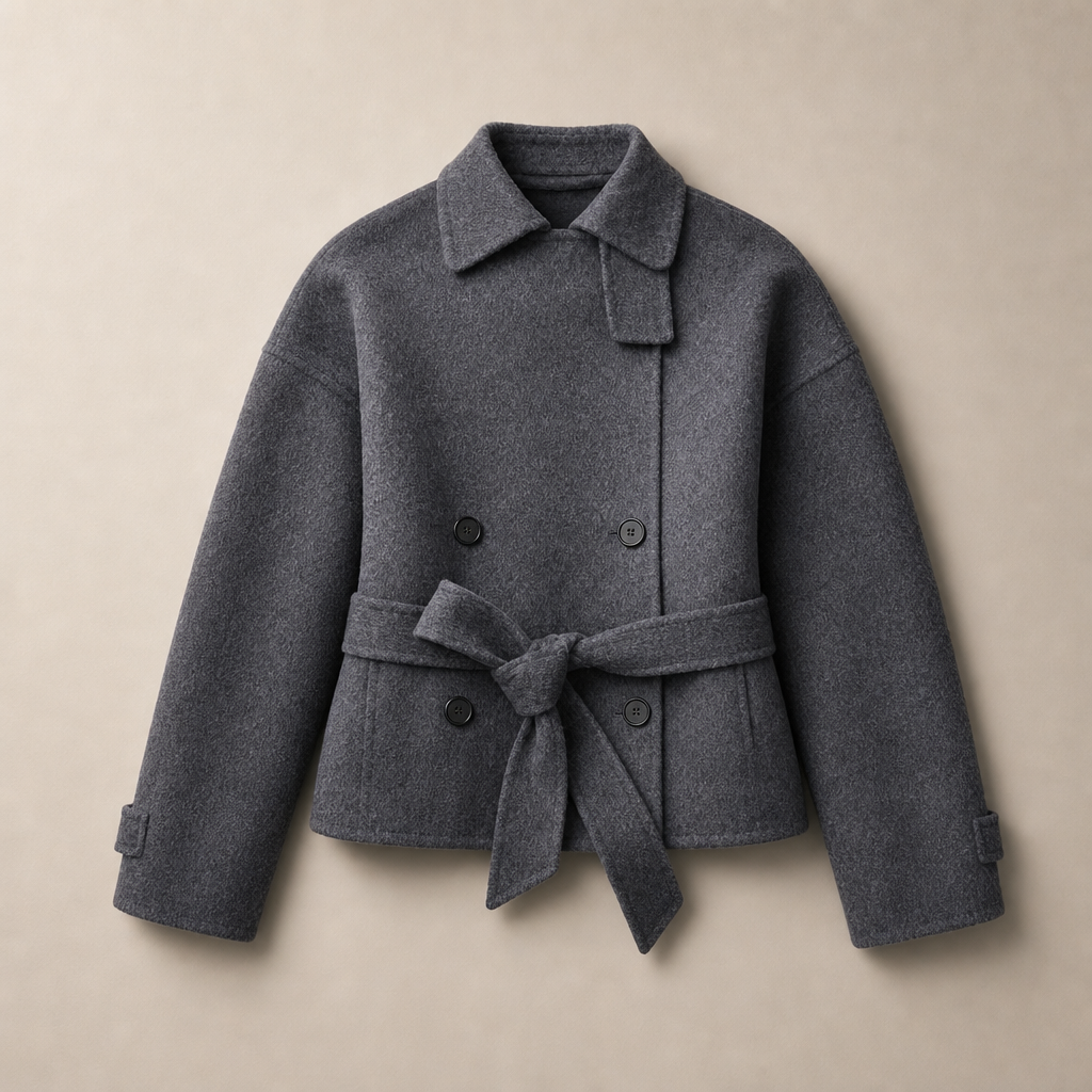 Mingstreet ASC launch still-life | RARELY ALIKE | Belted Double Breasted Short Wool Coat | Gray | generated_missing_still_life_expansion