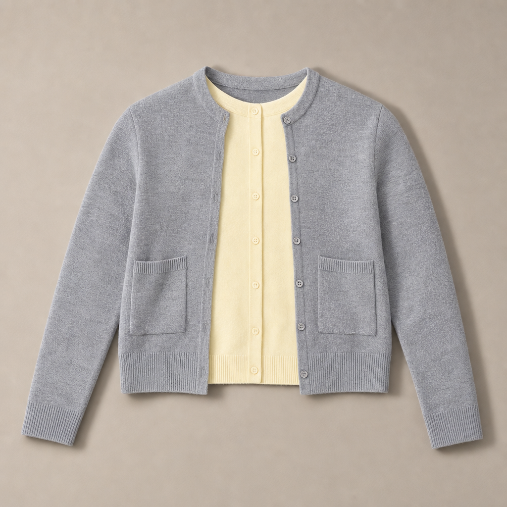 Mingstreet ASC launch still-life | RARELY ALIKE | Wool Color Block Layered Cardigan | Gray | generated_missing_still_life_expansion