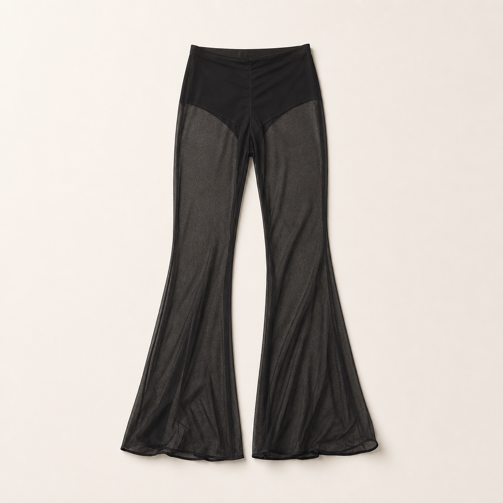 Mingstreet ASC launch still-life | RARELY ALIKE | Semi Sheer Mesh Flared Pants | Black | generated_missing_still_life_expansion