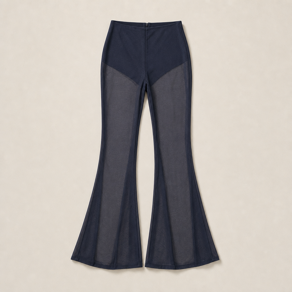 Mingstreet ASC launch still-life | RARELY ALIKE | Semi Sheer Mesh Flared Pants | Blue | generated_missing_still_life_expansion