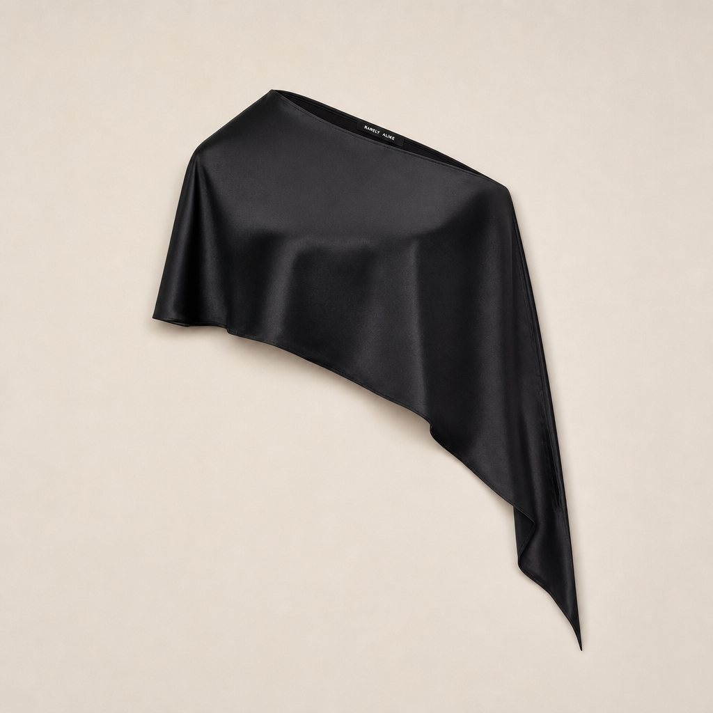 Mingstreet ASC launch still-life | RARELY ALIKE | Asymmetrical Satin One Shoulder Blouse | Black | generated_missing_still_life_expansion
