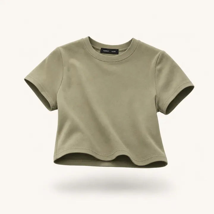 Mingstreet ASC launch still-life | RARELY ALIKE | Cropped Cotton Crew Neck T Shirt | Olive | ready_now_existing_asset