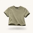 Mingstreet ASC launch still-life | RARELY ALIKE | Cropped Cotton Crew Neck T Shirt | Olive | ready_now_existing_asset