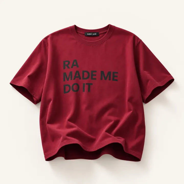 Mingstreet ASC launch still-life | RARELY ALIKE | Anniversary Slogan Cotton T Shirt | Burgundy | ready_now_existing_asset