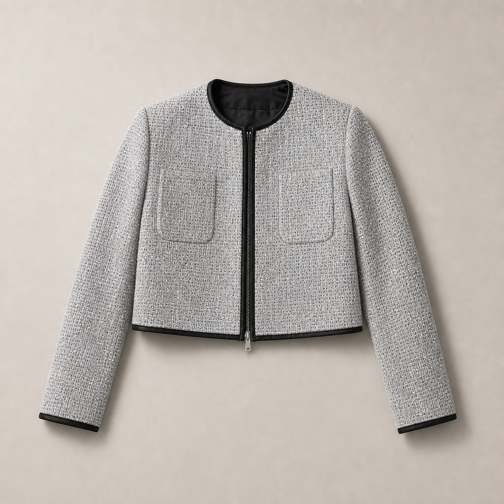 Mingstreet ASC launch still-life | RARELY ALIKE | Silver Sequin Tweed Cropped Jacket | Silver | ready_now_uncrumpled_replacement