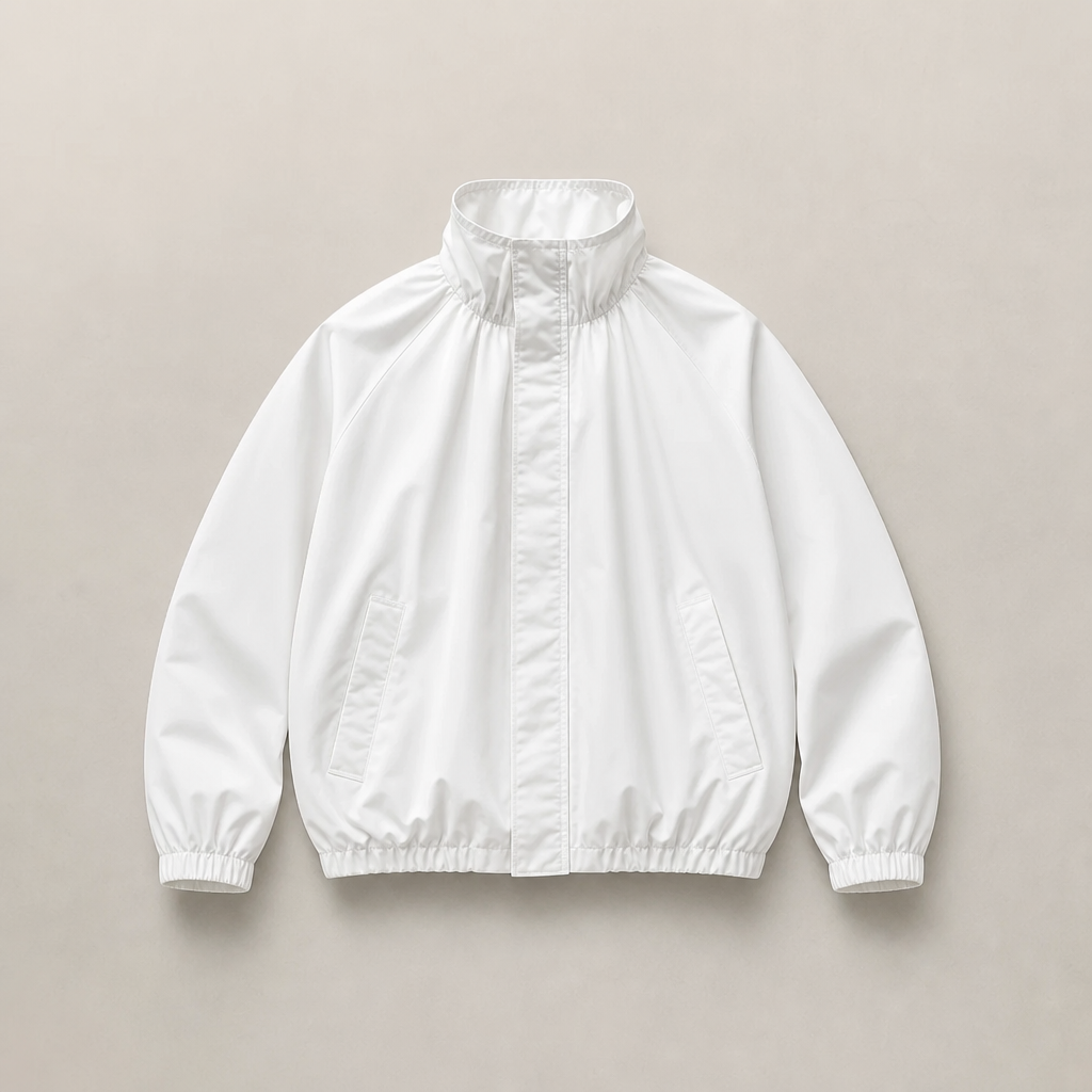 Mingstreet ASC launch still-life | RARELY ALIKE | Adjustable Collar Balloon Sports Jacket | White | ready_now_uncrumpled_replacement