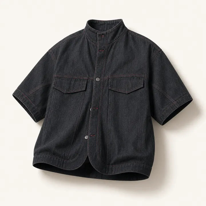 Mingstreet ASC launch still-life | JCAESAR STUDIO | Red Stitched Stand Collar Denim Shirt | Gray | ready_now_existing_asset