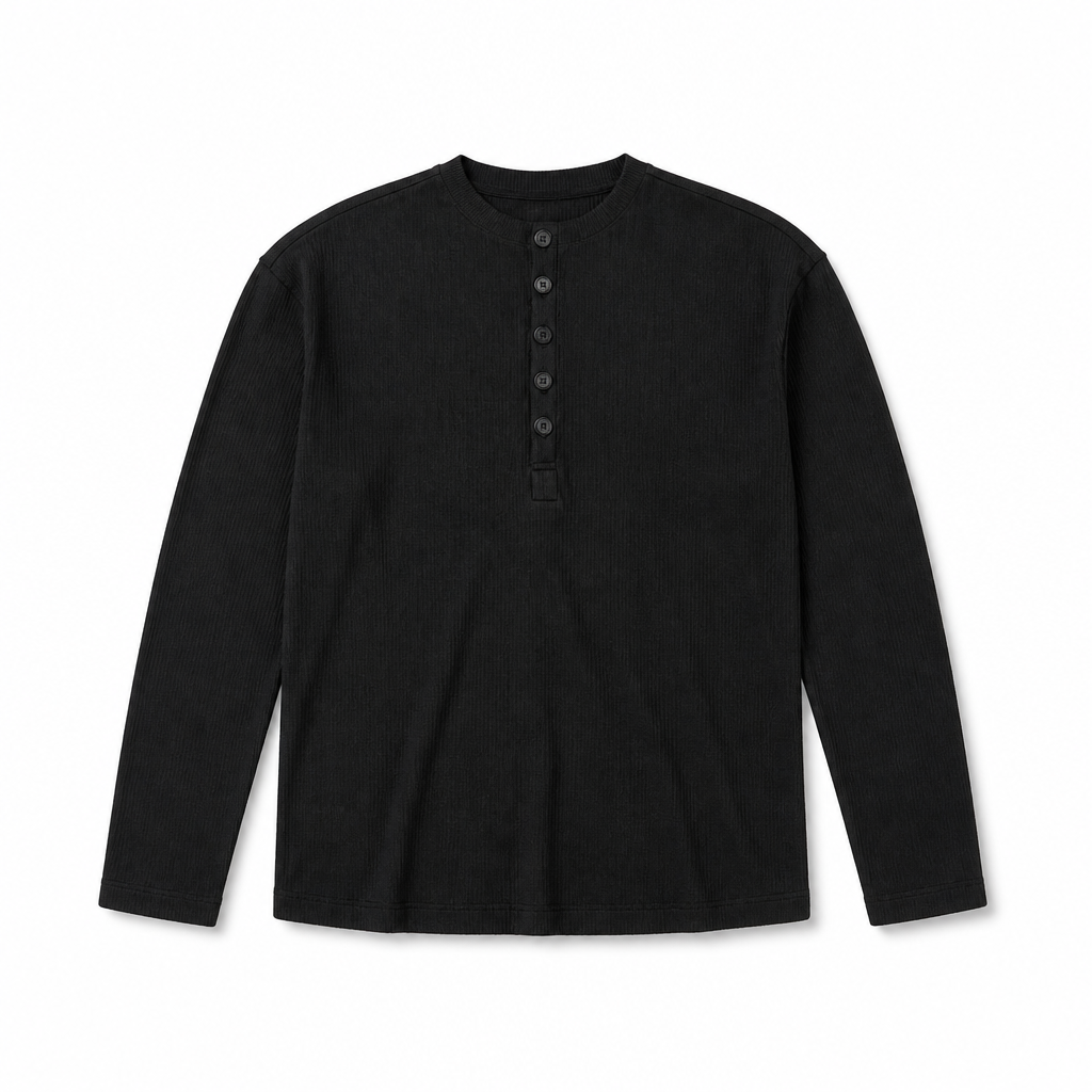 Mingstreet ASC launch still-life | JCAESAR STUDIO | Long Sleeve Rayon Blend Henley | Black | generated_extra_ready_product_colorway