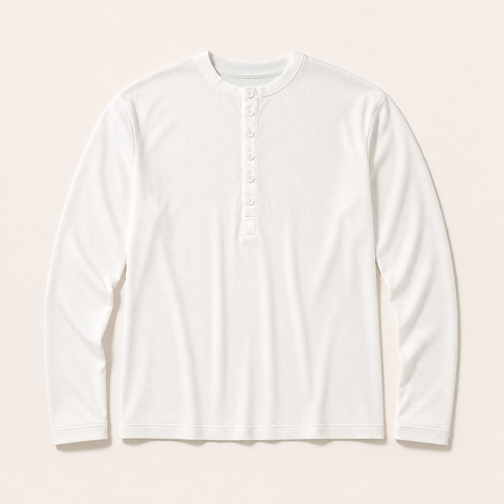 Mingstreet ASC launch still-life | JCAESAR STUDIO | Long Sleeve Rayon Blend Henley | White | generated_extra_ready_product_colorway