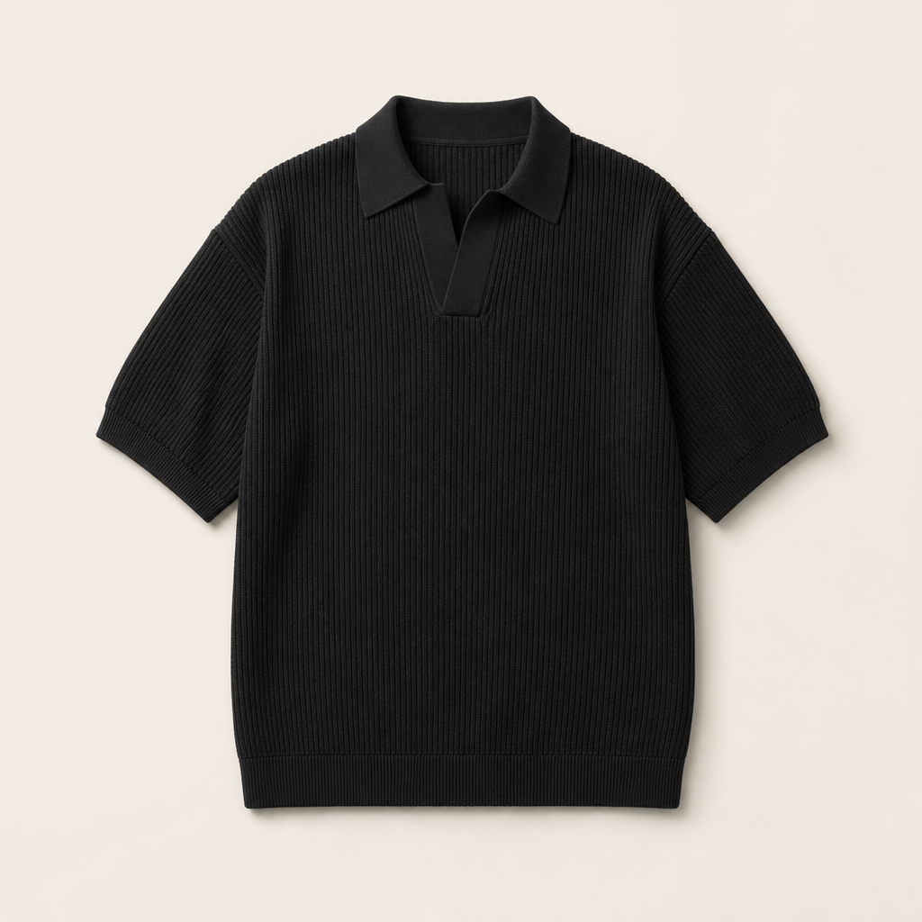 Mingstreet ASC launch still-life | JCAESAR STUDIO | Ribbed Ice Silk Knit Polo | Black | ready_now_uncrumpled_replacement