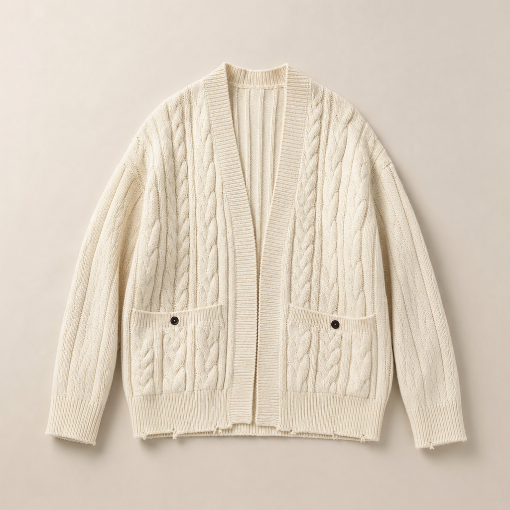 Mingstreet ASC launch still-life | D5ove | Distressed Cable Knit Noragi Cardigan | Cream | ready_now_uncrumpled_replacement