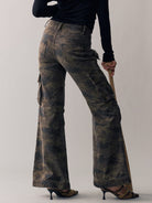 BEERBRO Washed Camo Micro Flare Cargo Pants in Brown - On Female Model