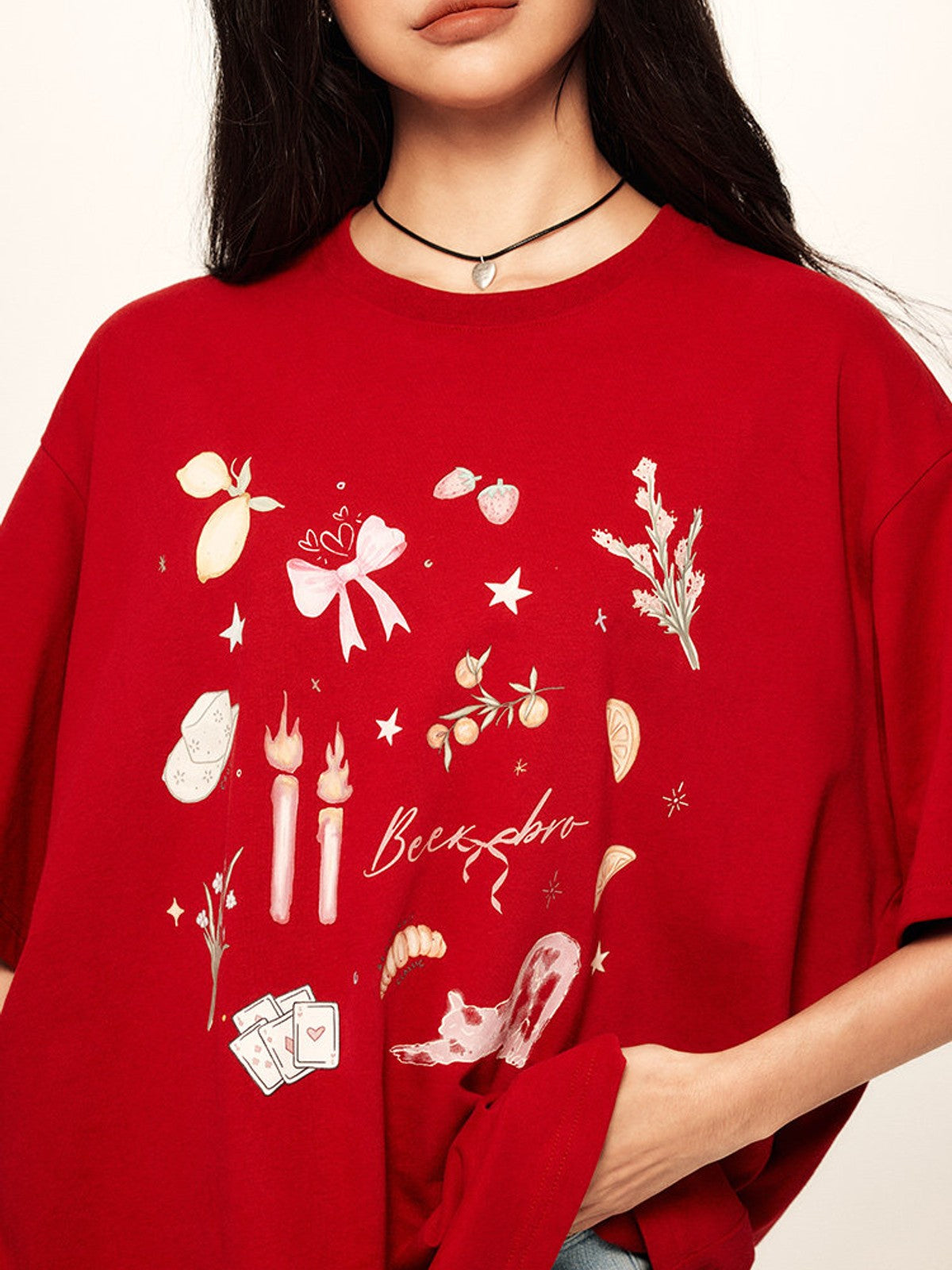 BEERBRO Retro Graphic Print T Shirt in Red - On Female Model
