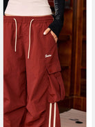 BeerBro Contrast Stripe Cargo Pants in Red - On Female Model